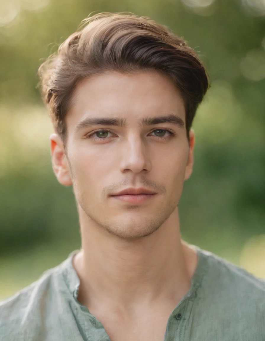 portrait of young and beautiful men,22years, fanatical face, in green field on sharp focus background, Studio Photography, intricate details,highly detailed, Esmaltado,mysterious lighting, upper body