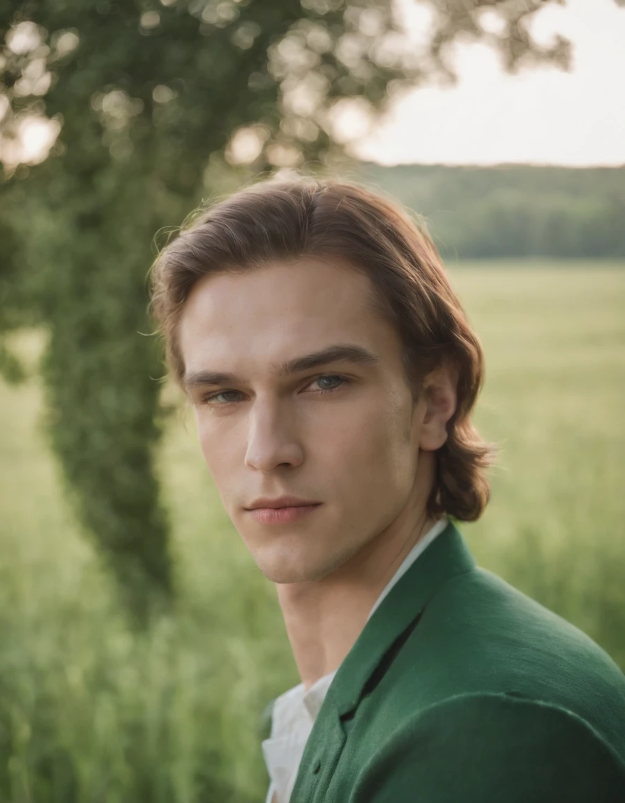 portrait of young and beautiful men,22years, fanatical face, in green field on sharp focus background, Studio Photography, intricate details,highly detailed, Esmaltado,mysterious lighting, upper body