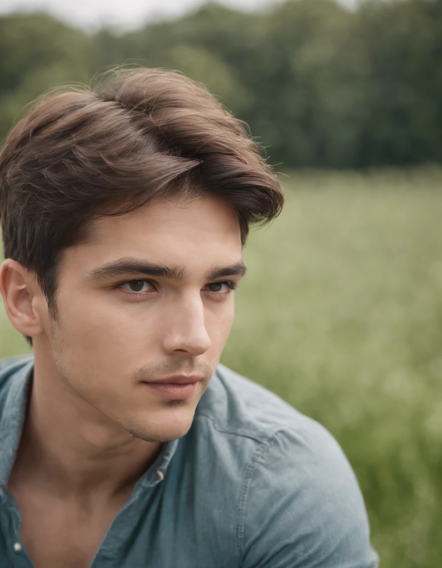 portrait of young and beautiful men,22years, fanatical face, in green field on sharp focus background, Studio Photography, intricate details,highly detailed, Esmaltado,mysterious lighting, upper body