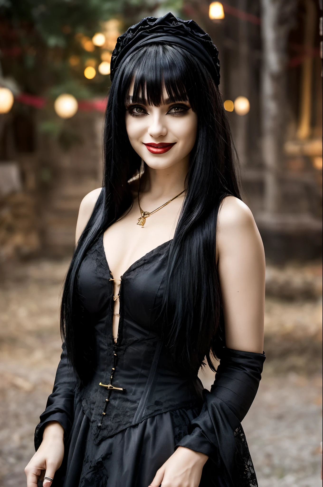 A lithe beautiful goth woman with long black hair (fringe haircut), brass eyes, smiling sweetly, wearing a dark red elegant dress, empty candle-lit medieval street background