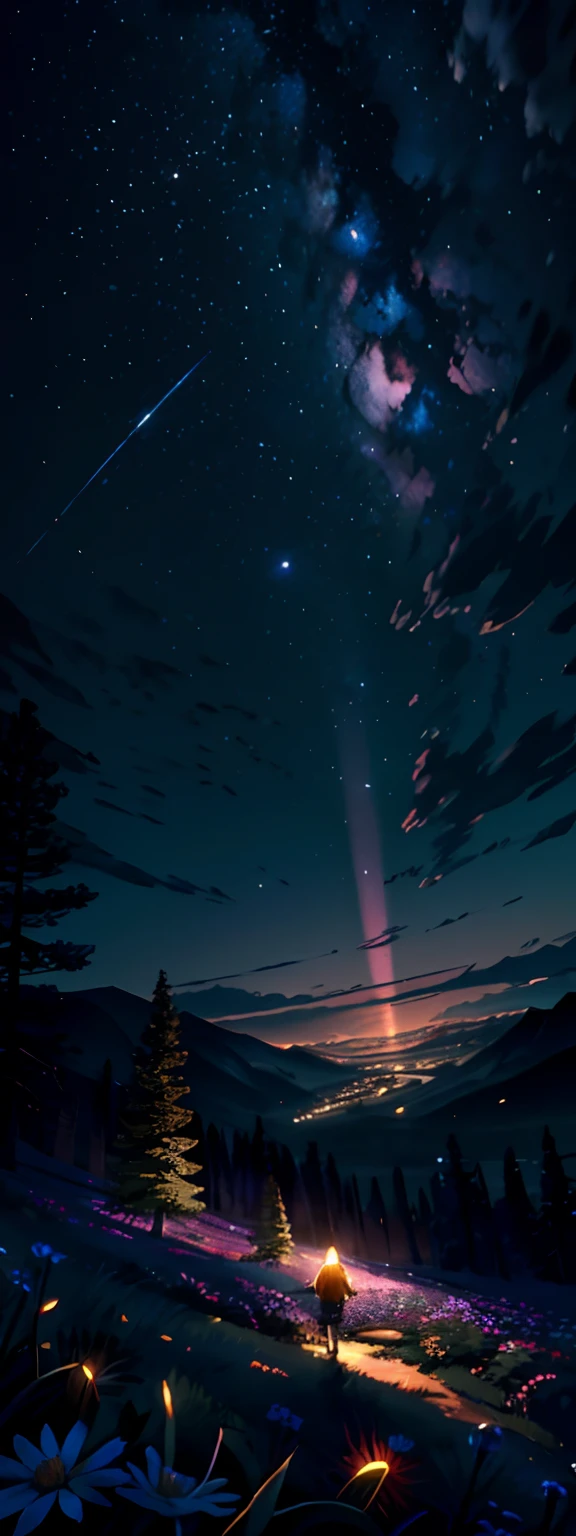 Expansive landscape photograph, (view from below with a view of the sky and the wilderness below),  girl standing in a flower field looking up, (full moon: 1.2), (shooting star: 0.9), (nebula: 1.3), distant mountain, tree break production art, (warm light source: 1.2), (firefly: 1.2), lamp, purple and orange, intricate detail, volume lighting BREAK (masterpiece: 1.2), (highest quality ), 4k, ultra-detailed, (dynamic configuration: 1.4), highly detailed and colorful details (iridescent: 1.2), (sparkling lighting, atmospheric lighting), dreamy, magical, (solo: 1.2)