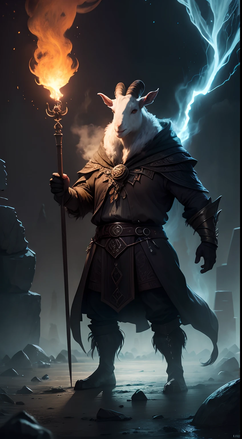 goat face creature, sorcerers style, middle earth style, energy steam on hand, dark night, jungle, stone henge, creepy, full body