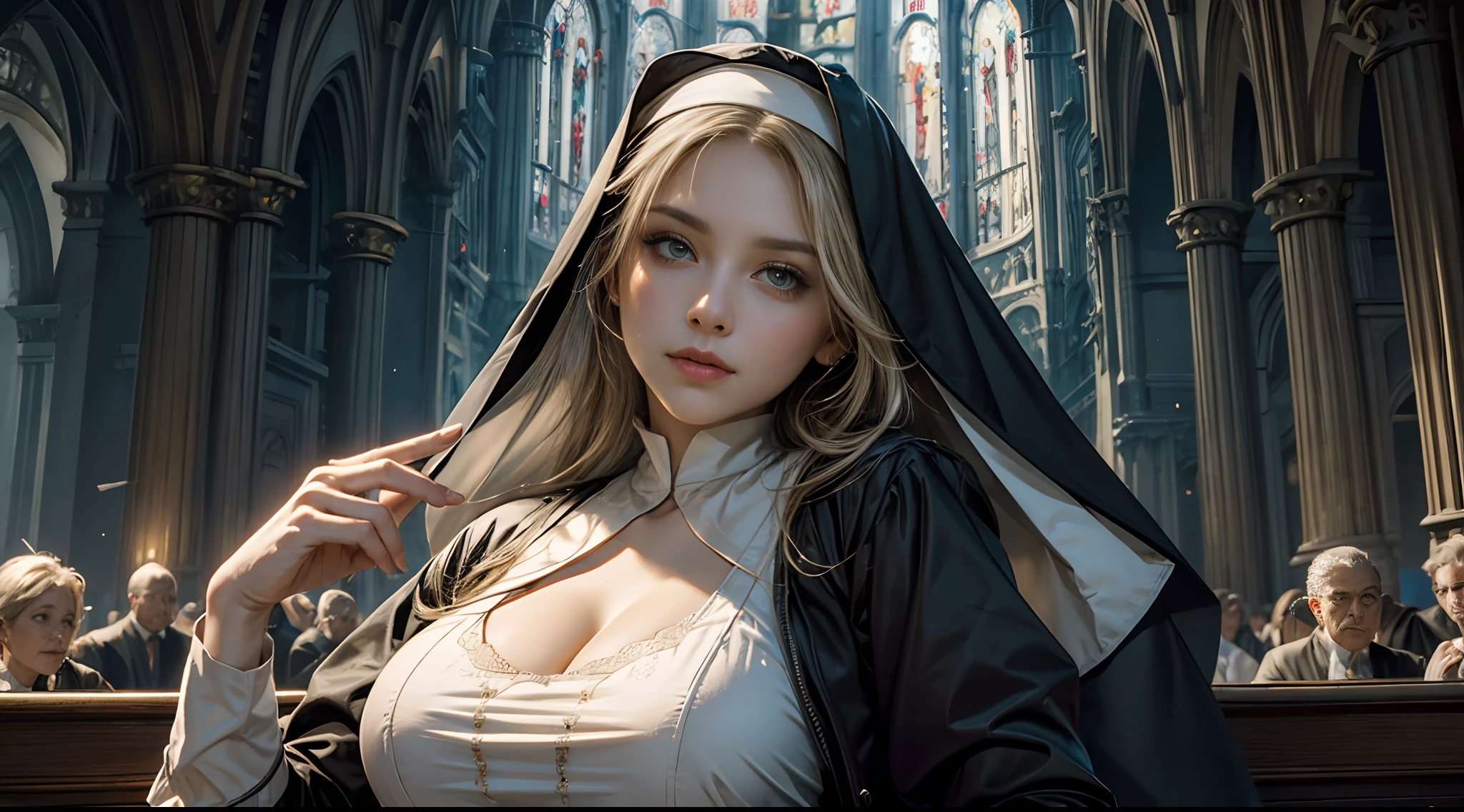 （（best qualtiy））， （（tmasterpiece））， （（Realistis））， （A detailed）， （realisticlying：1.5），illusory engine， (High detail: 1.9)，（femele：1.4），（big breasts beautiful： 1.4),(carismatic:1.3)， （Large breasts），lewd nun，beuaty girl，beauitful face， looking at viewert， dynamicposes，The background is the church， Ray traching， Mid-range portrait