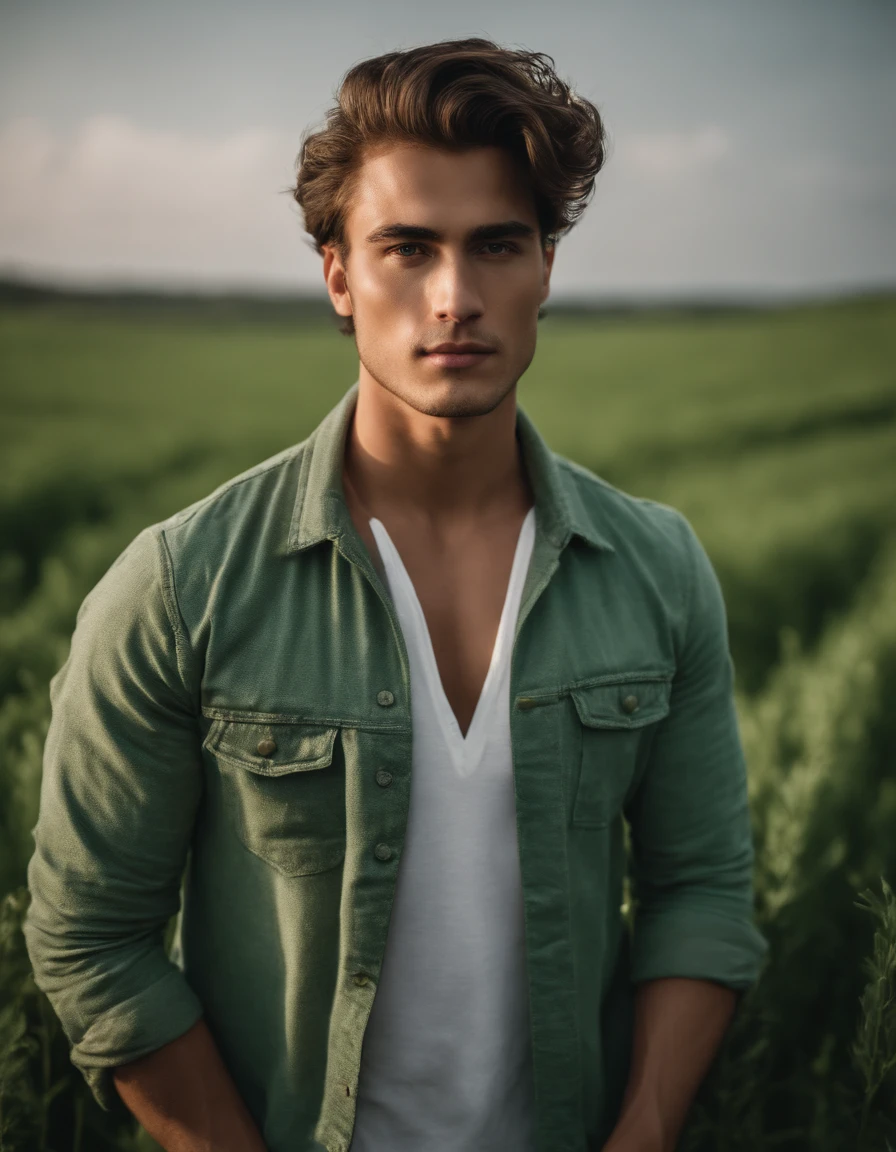 portrait of young and beautiful men,22years, fanatical face, in green field on sharp focus background, Studio Photography, intricate details,highly detailed, Esmaltado,mysterious lighting, upper body