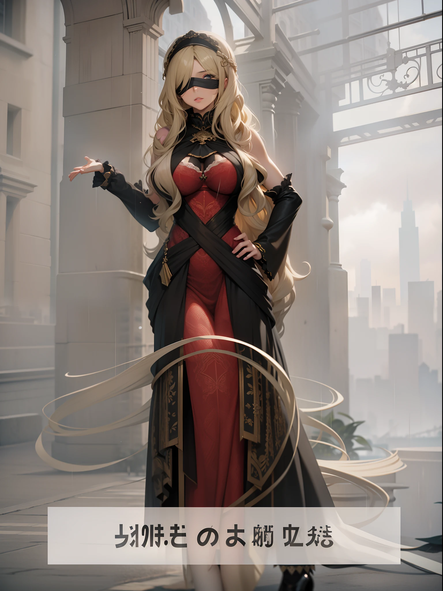masterpiece,(bestquality),highlydetailed,ultra-detailed,mature female,(milf:1.5),mature,blonde hair,{wavy hair:big curls}(long hair),{ample bosom:1.2},blindfolded,alluring,French woman,1girl,3d,blurry,{blurry background: blurry foreground},building,city,{cosplay photo: 0.8}, {depth of field},dress,{hand on hip},long hair,{motion blur:1.2},{photo (medium):0.8},{photo background:photo inset},{photorealistic:1.5},rain,solo