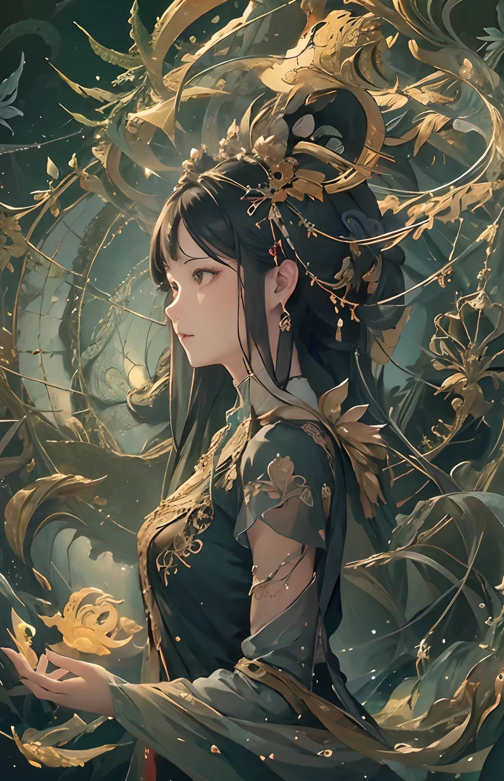 (masterpiece、top-quality、top-quality、Official Art、Beautifully Aesthetic:1.2)、(1girl in)、ighly detailed、(Fractal Art:1.3)、Dinosaur horns are greatly bent from the left and right sides of the head、ighly detailed、(Fractal Art:1.3)、highestdetailed、murky、greys、caves