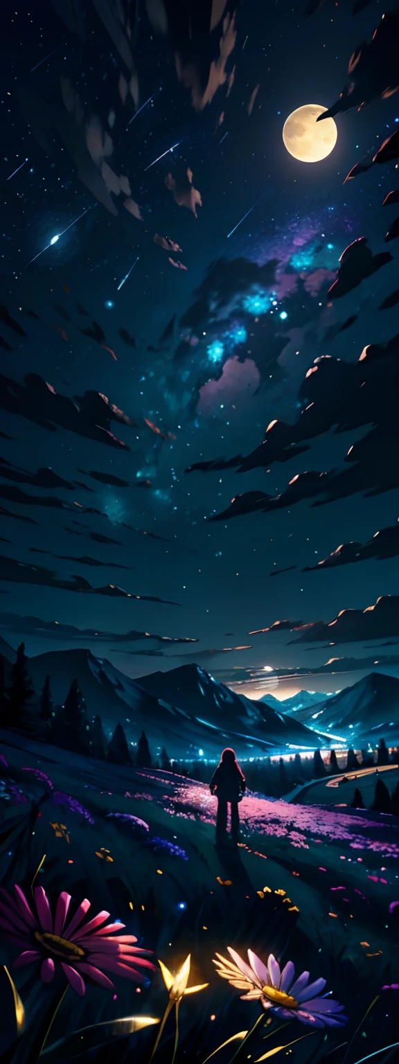 Expansive landscape photograph, (view from below with a view of the sky and the wilderness below), little girl standing in a flower field looking up, (full moon: 1.2), (shooting star: 0.9), (nebula: 1.3), distant mountain, tree break production art, (warm light source: 1.2), (firefly: 1.2), lamp, purple and orange, intricate detail, volume lighting BREAK (masterpiece: 1.2), (highest quality ), 4k, ultra-detailed, (dynamic configuration: 1.4), highly detailed and colorful details (iridescent: 1.2), (sparkling lighting, atmospheric lighting), dreamy, magical, (solo: 1.2)