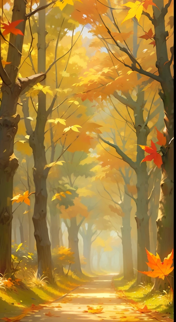 a cartoon illustration of a path in a forest with yellow leaves, a digital painting by Yi Inmun, shutterstock, conceptual art, autumn forest, background artwork, autumn leaves falling, wind blows the leaves, background art, a beautiful artwork illustration, hyperrealistic fall, autumn background, autumn field, dramatic autumn landscape, autumn wind, 4 k hd wallpaper illustration