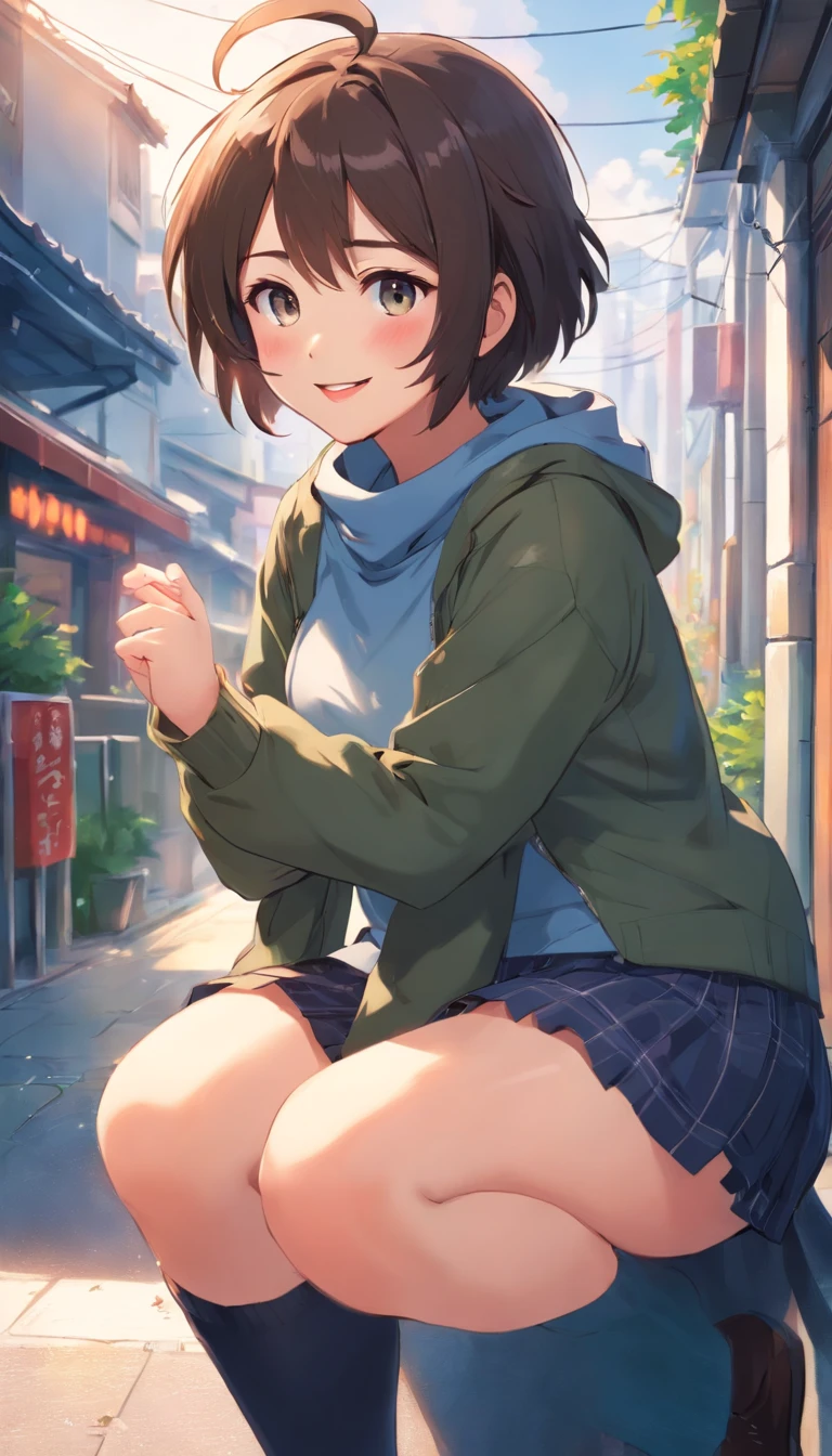 tmasterpiece, Awesome, peeping at the viewer, Realistis, The whole body is in the shot, black color hair, Thorough, RAWE is very detailed, Glossy glossy skin, wolfcut, very short, skirt, boots, cropped turtleneck with no sleeves, very thick, thick thighs, very fat thighs, blushing, smiling, messy bangs, messy hair, medium length hair, young, outside, very messy hair, lipstick, make up, cute, very fat thighs, arm warmers