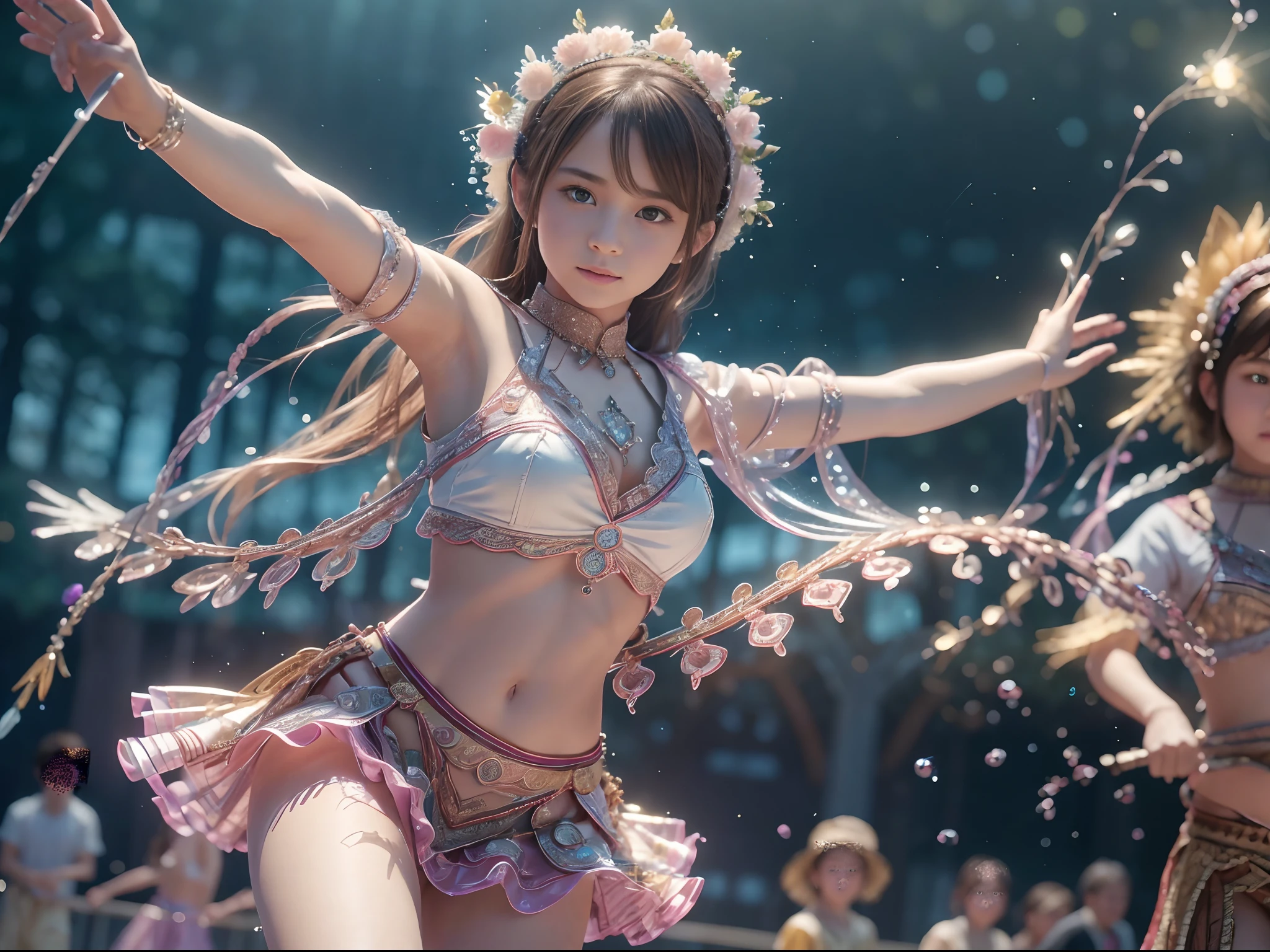 beautiful girl is doing folk dance with her friend, looking into the camera, photorealistic painting, sharp focus, 8k, perfect composition, trending on art station, award-winning photograph, unreal engine 5, cinematic smooth, intricate detail, highly detailed, from below, splash, fractal art, god ray, rainbow, in the park