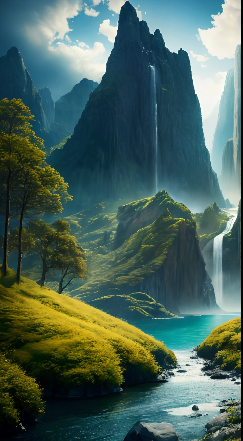 Masterpiece, best quality, high quality, extremely detailed CG unity 8k wallpaper, landscape, outdoor, sky, clouds, sky, no humans, mountain, landscape, water, tree, blue sky, waterfall, cliff, nature, lake, river , cloudy skies, award winning photography, bokeh, depth of field, HDR, bloom, chromatic aberration, photorealism, very detailed, trending on artstation, trending on CGsociety, intricate, high detail, dramatic, half way art