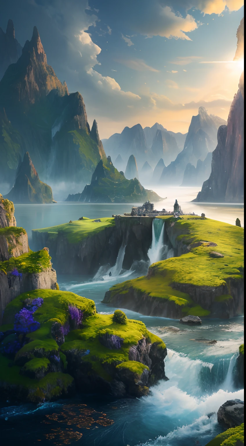 Masterpiece, best quality, high quality, extremely detailed CG unity 8k wallpaper, landscape, outdoor, sky, clouds, sky, no humans, mountain, landscape, water, tree, blue sky, waterfall, cliff, nature, lake, river , cloudy skies, award winning photography, bokeh, depth of field, HDR, bloom, chromatic aberration, photorealism, very detailed, trending on artstation, trending on CGsociety, intricate, high detail, dramatic, half way art