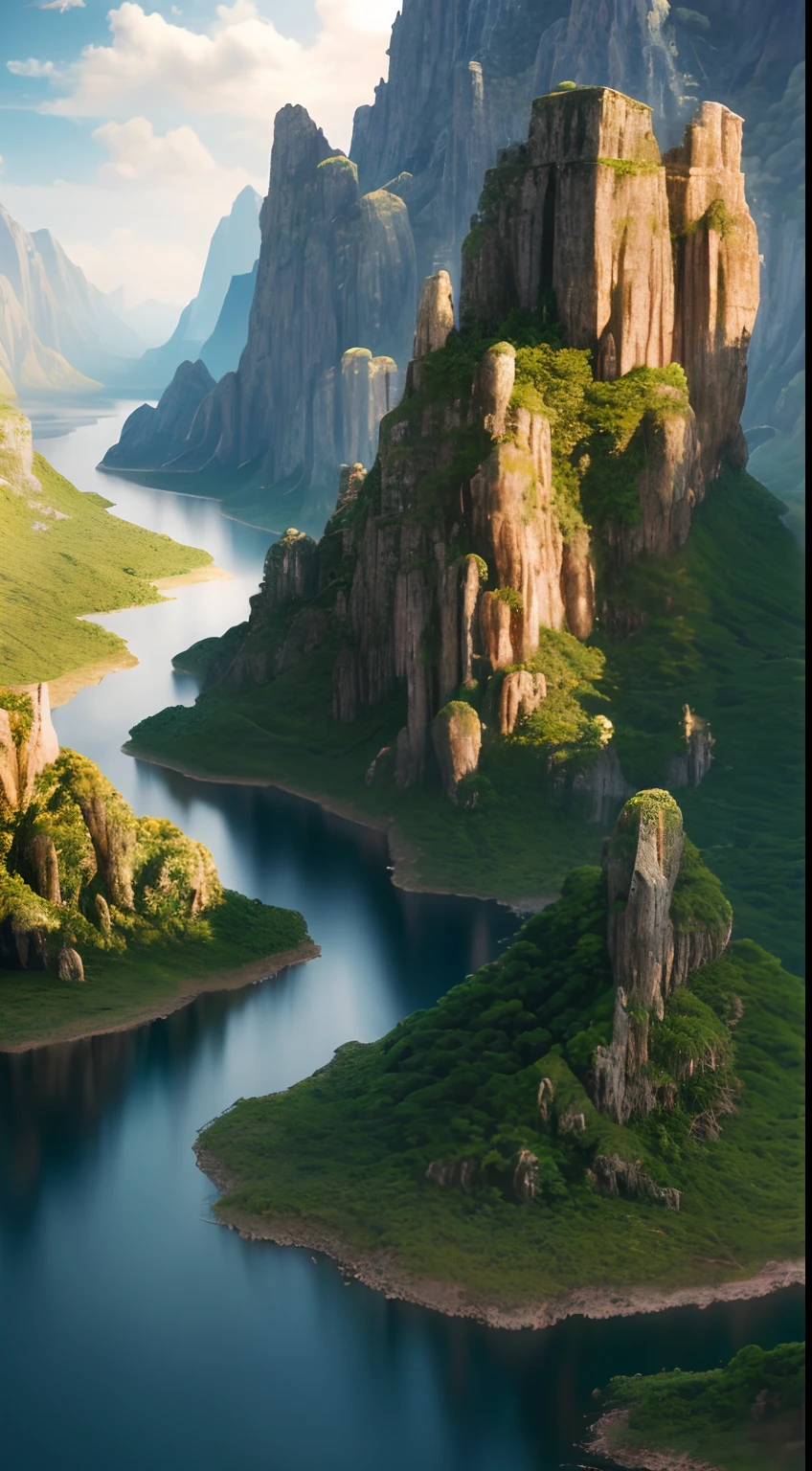 Masterpiece, best quality, high quality, extremely detailed CG unity 8k wallpaper, landscape, outdoor, sky, clouds, sky, no humans, mountain, landscape, water, tree, blue sky, waterfall, cliff, nature, lake, river , cloudy skies, award winning photography, bokeh, depth of field, HDR, bloom, chromatic aberration, photorealism, very detailed, trending on artstation, trending on CGsociety, intricate, high detail, dramatic, half way art