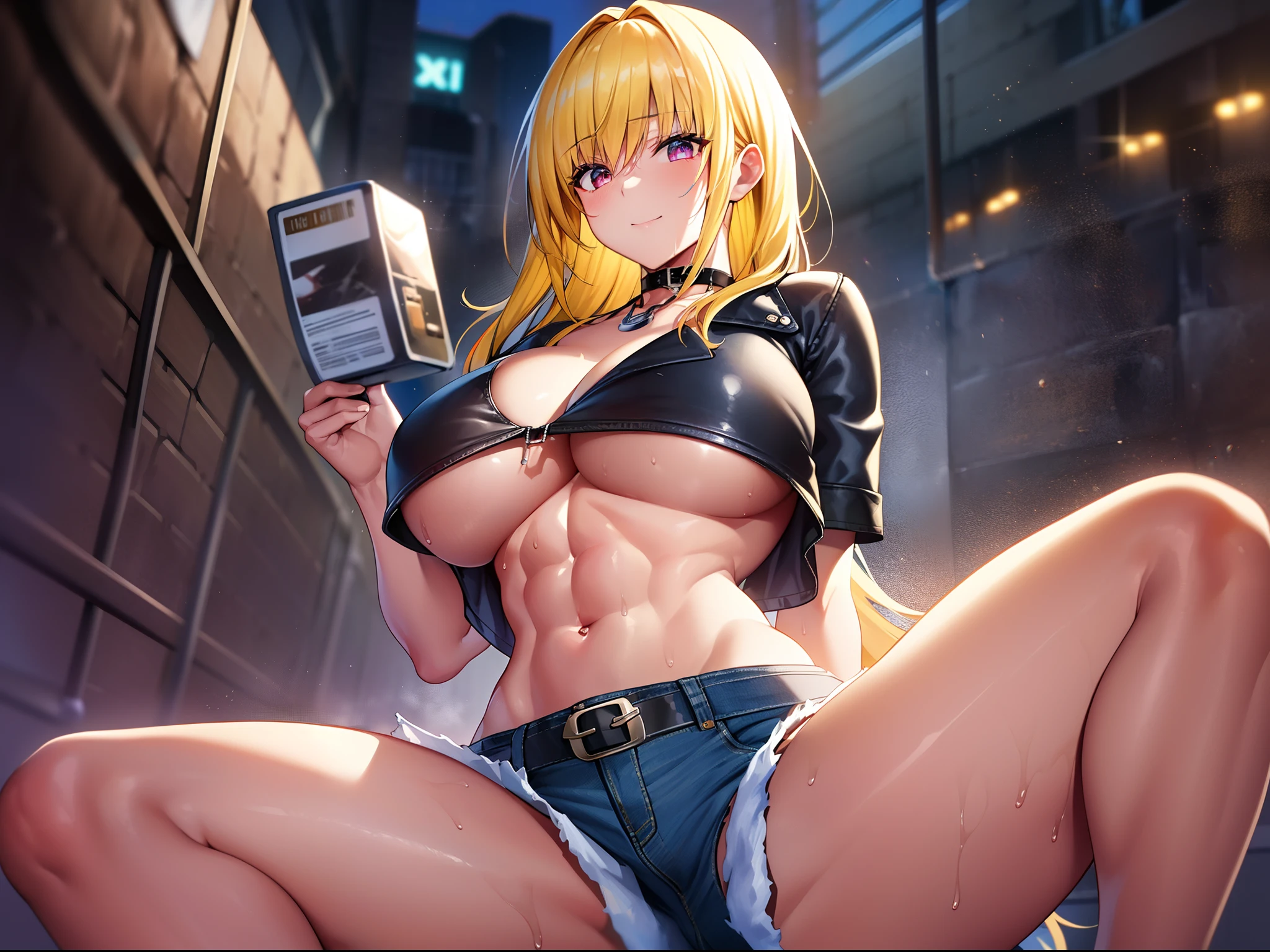 masutepiece++, Best Quality++, ultra-defined++, ultra-defined++,4K++,in 8K++, (Background Focus)++, Highly detailed, Viewer's Perspective、In the street、((((standing split, Highkick,High Kick Leg Lift,Standing on one leg))))++++, ((1 milf)), ((((Hi-Res))))++++, (((Denim shorts)))+++, ((((underboob))))++++, ((Black leather jacket))+ +, ((a belt)) ++, ((choker necklace)), (a blond), (Super shiny hair and skin), (Sunlight), ((Beautiful) ), (Huge breasts_Body: 1.5), (Huge breasts: 1.5), Muscular girl with clearly visible abs and muscles, Sweaty body, cleavage, Dynamism, (Abs cleansing and shaving, Muscle muscle thighs) +, A lively smile, Perfect eyes, Perfect hands, Perfect nose, Magic Battle Dark, Bright atmosphere, (wet effect) +, (light effect), (Cinematic Light) + , (Like a movie of light)
