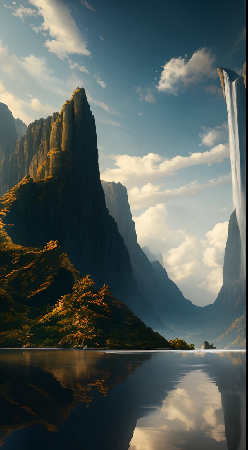 Masterpiece, best quality, high quality, extremely detailed CG unity 8k wallpaper, landscape, outdoor, sky, clouds, sky, no humans, mountain, landscape, water, tree, blue sky, waterfall, cliff, nature, lake, river , cloudy skies, award winning photography, bokeh, depth of field, HDR, bloom, chromatic aberration, photorealism, very detailed, trending on artstation, trending on CGsociety, intricate, high detail, dramatic, half way art