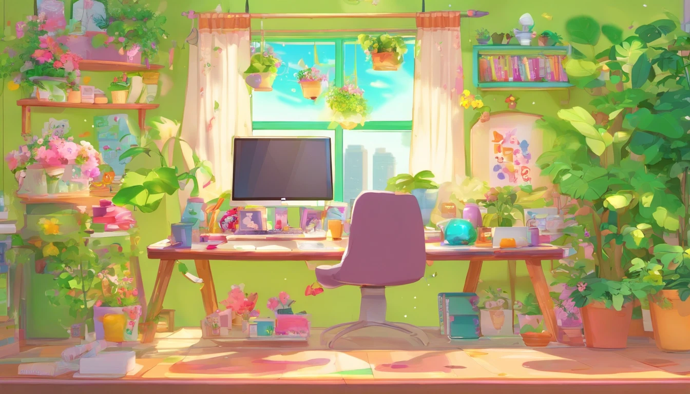 uma mesa de artista com plantas, livros, Papel, laptop, prateleira, ceroulas, com vista para um ambiente urbano verde