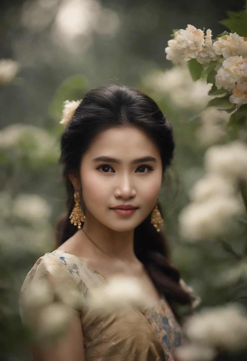 Burmese girl ass Myanmar dress flower painting is very detailed, Soft light glow effect, Cinematic look, Beautiful hair