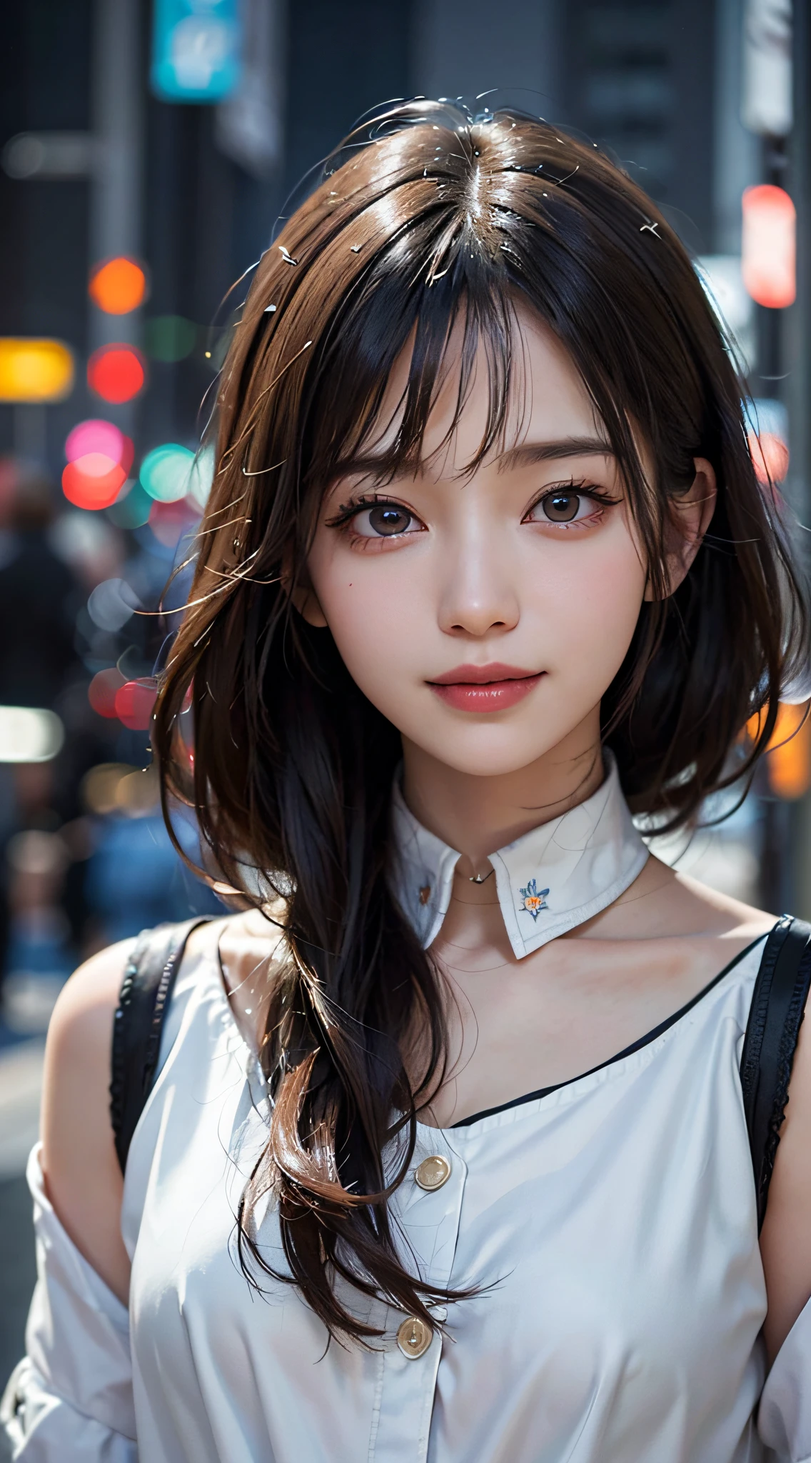 Masterpiece, 1 Beautiful Girl, Detailed, Swollen Eyes, Top Quality, Ultra High Resolution, (Reality: 1.4), Original Photo, 1Girl, Cinematic Lighting, Smiling, Japanese, Asian Beauty, Korean, Clean, Super Beautiful, Little Young Face, Beautiful Skin, Slender, Cyberpunk Background, (ultra realistic), (high resolution), (8K), (very detailed), (best illustration), (beautifully detailed eyes), (super detailed), (wallpaper), (detailed face), viewer looking, fine detail, detailed face, pureerosfaceace_v1, smiling, 46 point slanted bangs, looking straight ahead, neat (fashionable, plain, folded collar, irregular, shirt feeling, date dress), body facing front, realistic photo,