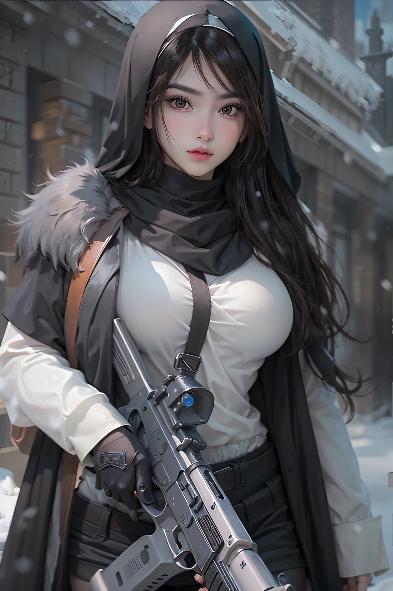 Photorealistic, high resolution, Beautiful tall woman, Solo, Hips up, view the viewer, (Detailed face),Black color hair, Long hair, Young nun costume, Stockings，Snow background, Girl aiming AK-47 assault rifle