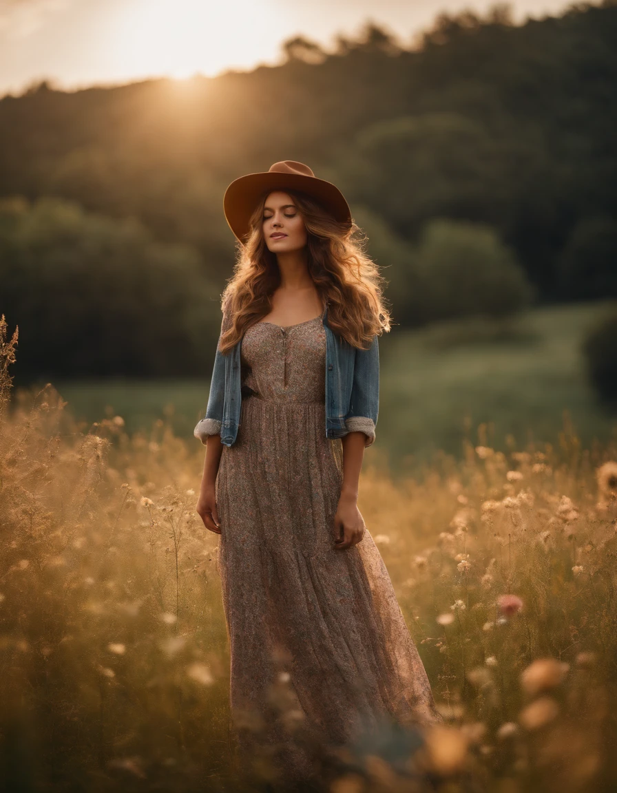 an up close photo of a young woman dressed in bohemian-inspired fashion, wearing a flowy maxi dress with floral prints, layered with a denim jacket and accessorized with a floppy hat and vintage accessories, Her hair is styled in loose waves or natural curls, The setting is a sunlit park or meadow, with long grass and wildflowers, creating a nostalgic and dreamy atmosphere((upper body))