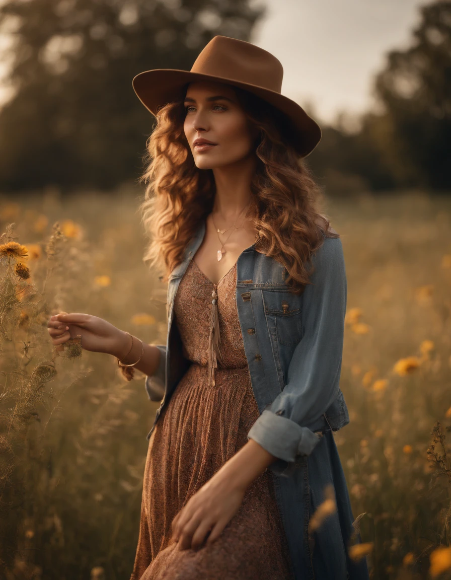 an up close photo of a young woman dressed in bohemian-inspired fashion, wearing a flowy maxi dress with floral prints, layered with a denim jacket and accessorized with a floppy hat and vintage accessories, Her hair is styled in loose waves or natural curls, The setting is a sunlit park or meadow, with long grass and wildflowers, creating a nostalgic and dreamy atmosphere((upper body))
