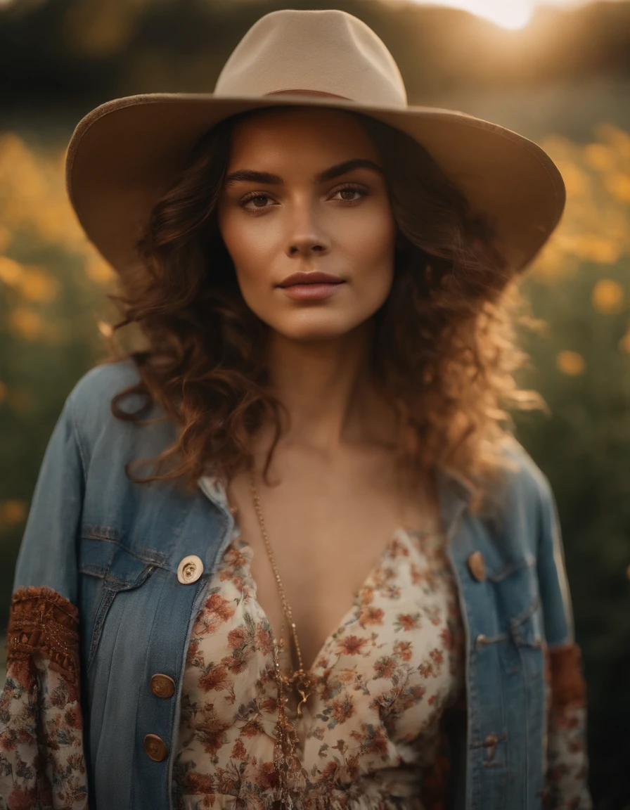 an up close photo of a young woman dressed in bohemian-inspired fashion, wearing a flowy maxi dress with floral prints, layered with a denim jacket and accessorized with a floppy hat and vintage accessories, Her hair is styled in loose waves or natural curls, The setting is a sunlit park or meadow, with long grass and wildflowers, creating a nostalgic and dreamy atmosphere((upper body))