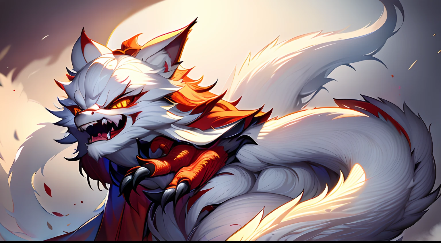 Best quality,Masterpiece,超高分辨率,(Photorealistic:1.4),Big cat,Fierce,Pounce on the camera,(Dynamic Angle),True blood,Angry,Gape,red - eyed,White fangs,(White hair), red color eyes, (full bodyesbian), (((Claws))), Blood drop,Blood fog, Floating hair,Splashing blood,(blood stain),