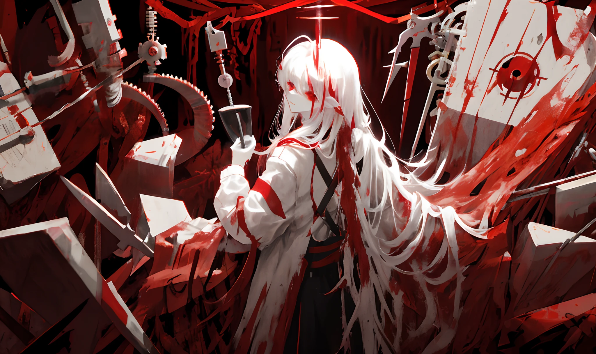 Long white hair，Red eyes，，blood stain，Hold the syringe in your hand，Doctor clothing，The psychopath smiles，mechanicalparts，  Failure effect， terroral， background inside dark， The neck was cut in half by an axe，There are tentacles on the back