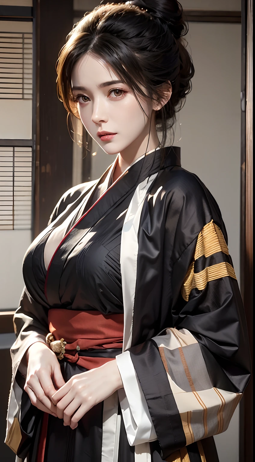 photorealistic, high resolution, 1women, mature female, solo, hips up, black hair, emma \(sekiro\), japanese clothes, kimono, single hair bun, haori, mature female