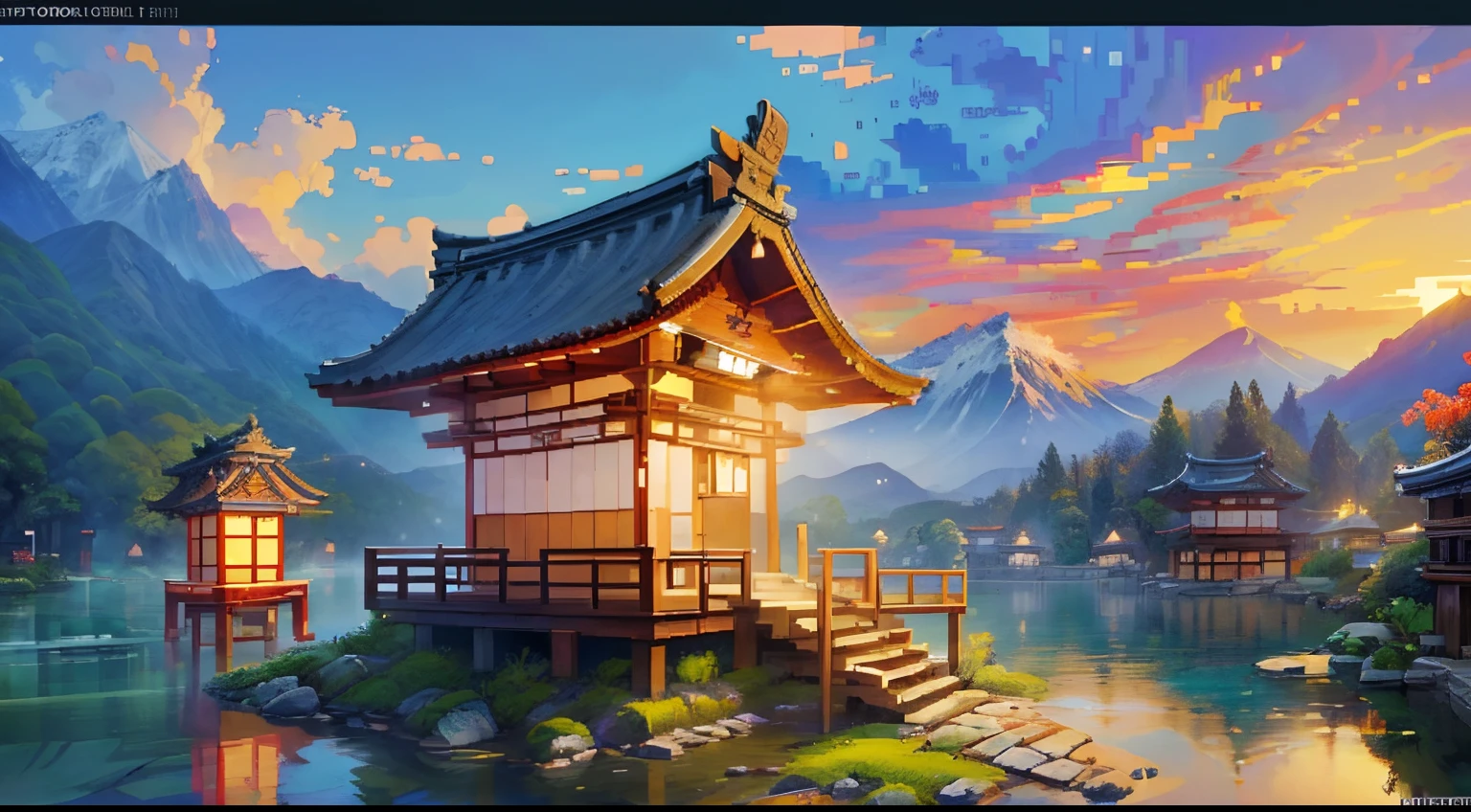 masterpiece, ((best quality:1.2)), wallpaper 8k, ((extremely detailed:1.2)), ((pixel art:1.2)), beautiful japanese village, mountain village, japanese tample