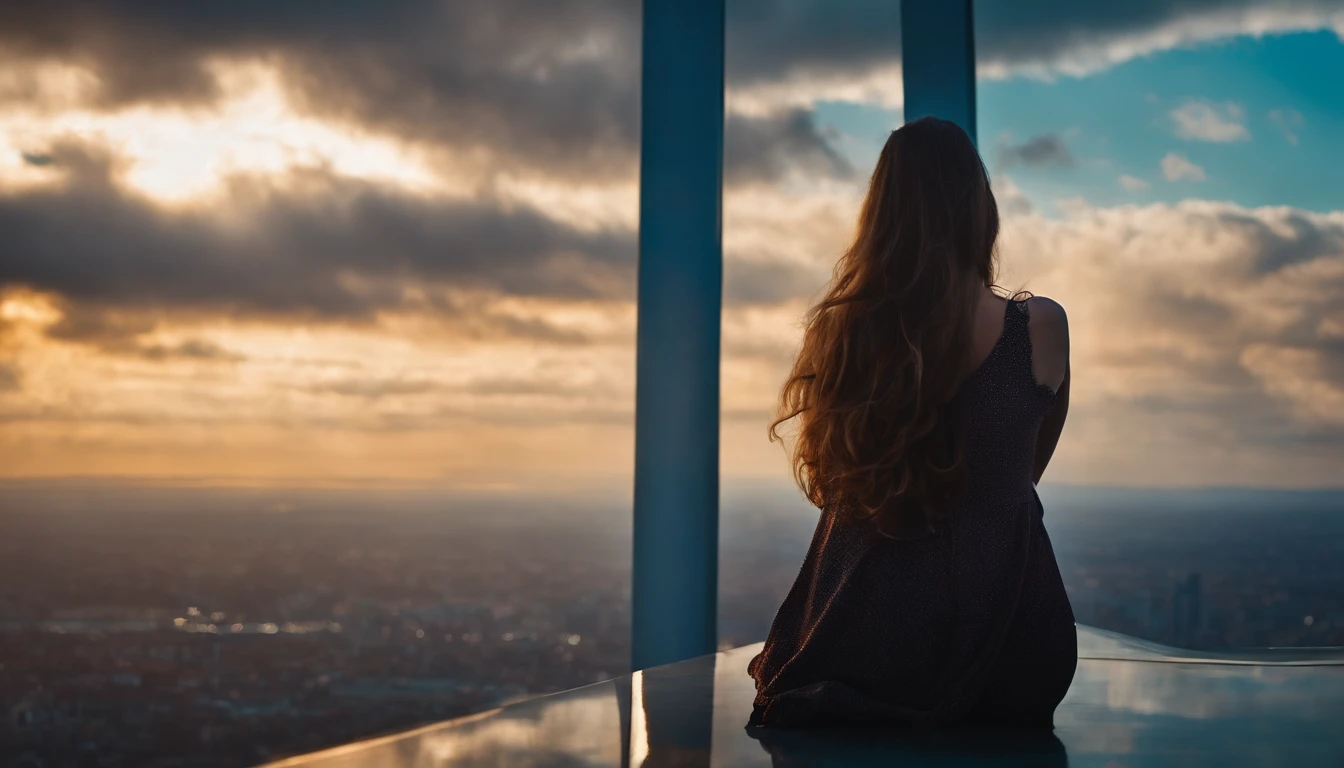 A girl  at the top of the tall building, looking into the distance and the flowing clouds