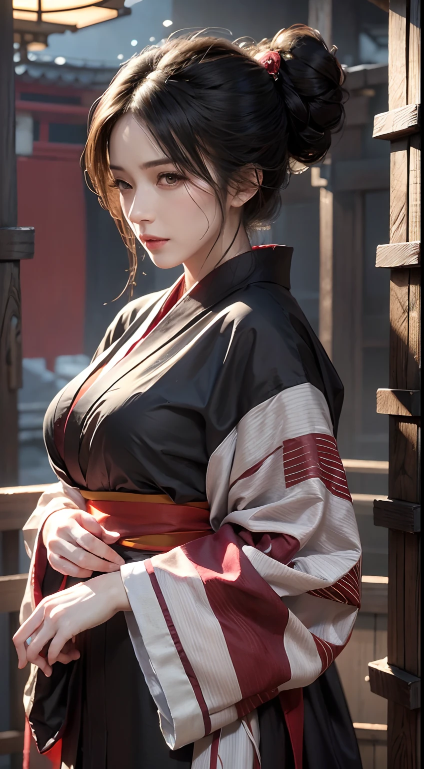 photorealistic, high resolution, 1women, mature female, solo, hips up, black hair, emma \(sekiro\), japanese clothes, kimono, single hair bun, haori, mature female