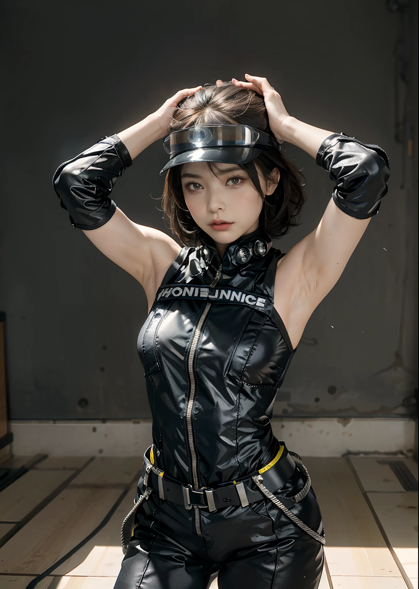 masterpiece, best quality, extremely detailed,8k portrait,Japaese android girl,Plump,control panels,android,Droid,Mechanical Hand, Robot arms and legs, Black hair,Blunt bangs,perfect robot girl,long tube,thick cable connected her neck,perfect android girl,android assembly plant,connecting a cable between the legs,white robot body,hotpants,darkblack knee high socks,blue eyes,