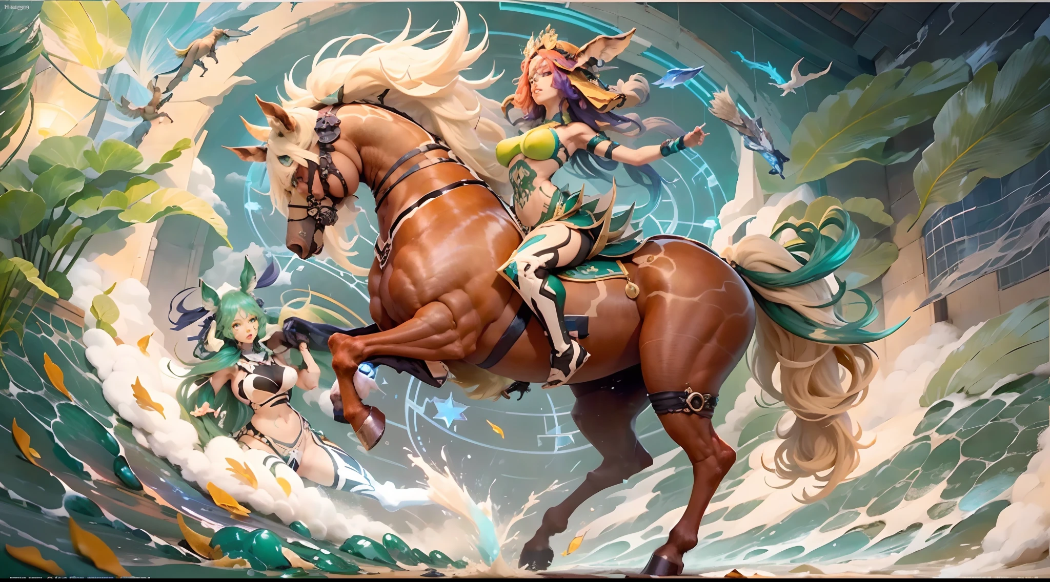 In the beautiful illustration of this super-grand scene,The ultra-distant lens shows us(Over eight separate and distinctive centaur characters:9.9),They all have their own characteristics,Vivid and interesting。Radiant from the heavens(Angelic centaurs:6.6),To nightmarish is(Centaurs surrounded by flames:6.6)、And then to the wind dancing in the air(Fairy centaurs:6.6)、And thunder and lightning surrounding(One-horned centaur:6.6),and shining metallic ones(Mechanical style centaur:6.6)、And then(A centaur with colorful dragon scales covering the whole body:6.6)The power is powerful、Elegant and agile(Elf centaur's slenderness:6.6)Gracefully wears a flower crown、Enchanting and charming(Tiflin centaurs:6.6)、Have the indescribable(Raised sexy:6.6)'s(Succubus centaurs:6.6)。Each character has their own unique charms and abilities。The illustration uses advanced artistic techniques and tools,(Use nesting、woven、stitching、ssee-through、arrange、grouping、Vistas and other methods:9.9),(Divide the scene into sections by geometric arrangement:9.9),Each section corresponds to a centaur character,This makes more efficient use of space。Through Midjourney's advanced brush tools、Color palette、Material packs and model packs、Texture tools,For each centaur, beautiful props are designed to increase racial characteristics、Clothing and physical features,(Enhances the character's personality and visual appeal:2.5),The scenery in the illustrations is stunning,There are changing skies、rainbowing、extreme light、Stars and Moon。Incorporating iconic landmarks such as Mount Everest,and fireworks、tranquil lake、Natural and urban elements of waves and neon lights,Creates a magical atmosphere,The centaurs display their unique abilities and equipment in a variety of environments,This is true even in extreme alien landscapes。(Use Midjourney's tools、Material packs、Texture tools、The color palette makes depicting details vivid and realistic:9.9),From complex hairstyles and as well as different racial traits、Body、A