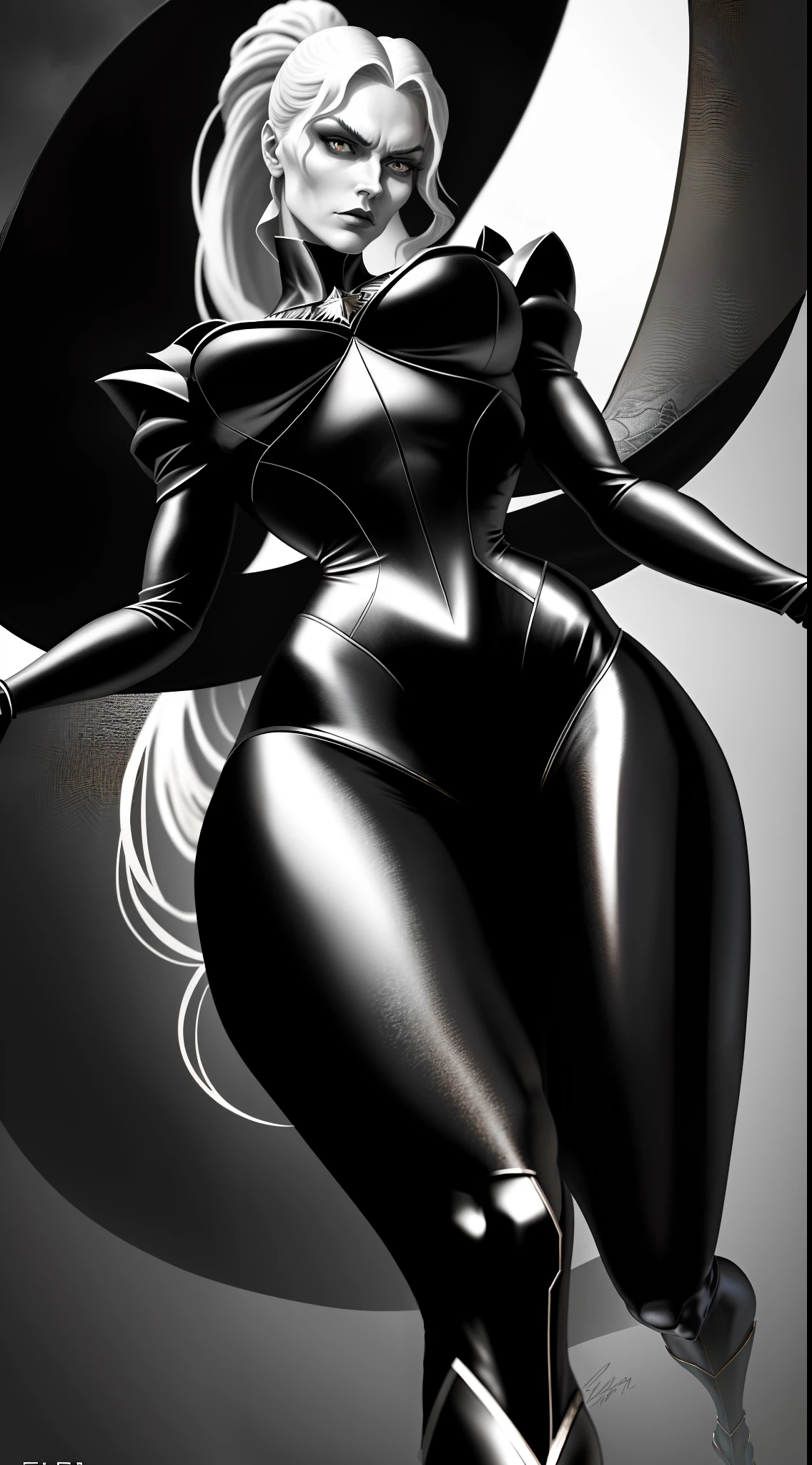 (A high resolution,Ultra-detailed,Realistic)The tall woman is extremely strong,  2.8 meters tall, Dominate the scene. Embrace the aura of darkness and sinisterness, She has a particularly long double ponytail，All the way to the ground. Her most striking feature is her exaggerated and charming large eyes, Perfect and delicate lips, and an incredibly detailed face. She has an extremely conspicuous and elegant figure，It further highlights her beauty, The bust is particularly large, a slender waist, and a very prominent rear. Her legs are muscular，Stout and surprising, And her slender legs exude strength and grace. She wears a pair of sky high heels，Standing tall, Increased her already tall height. The camera zooms out to capture her completely, Emphasize her exaggerated proportions and flawless details. The lights cast dramatic shadows, Perfect complement to her dark and evil charm. The color palette has deep and intense tones, Embodies her menacing personality.