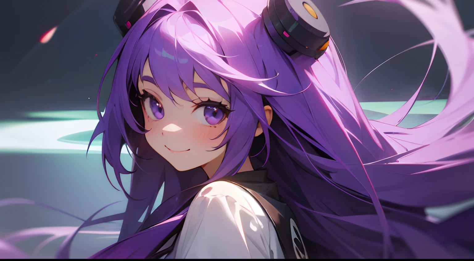 lonely girl, long purple hair,Look at the camera and smile,very cute