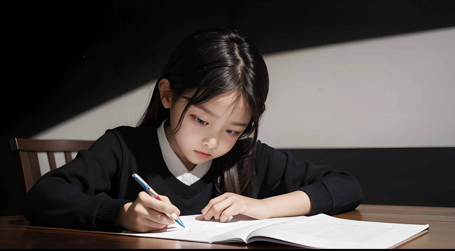 with black background,A 7--old l is doing her homework seriously,frontage