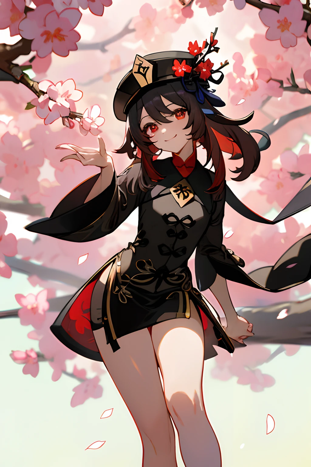 2d, masterpiece, best quality, anime, highly detailed eyes, highly smile face, highly detailed background, perfect lighting, feet out of frame, 1girl, solo, standing, hu tao \(genshin impact\), symbol-shaped pupils, flower-shaped pupils, hat, red flower, red eyes, cherry blossoms ,
