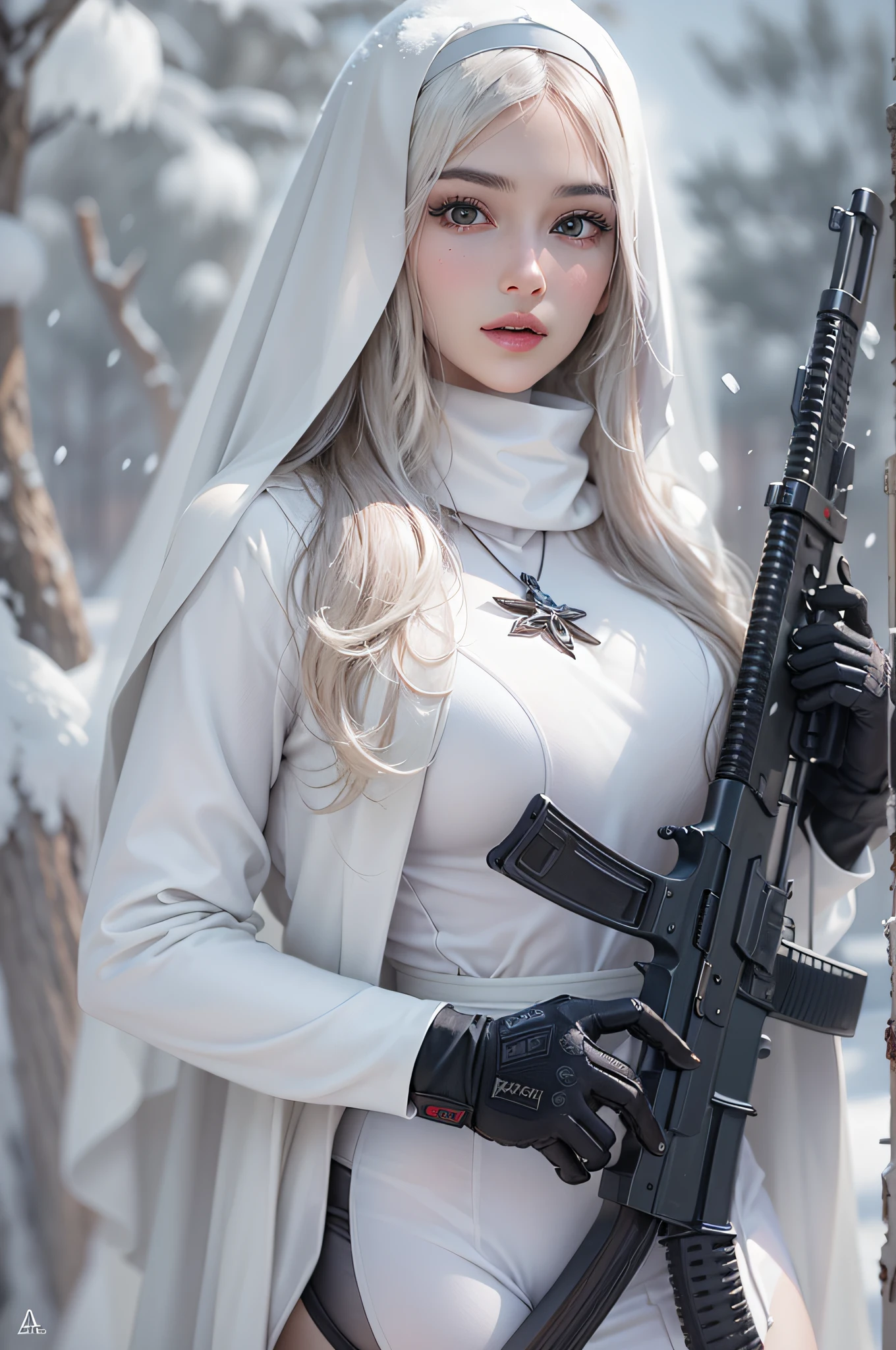 Photorealistic, high resolution, Beautiful tall woman, Solo, Hips up, view the viewer, (Detailed face),White color hair, Long hair, Young nun costume, Stockings，Snow background, Girl aiming AK-47 assault rifle