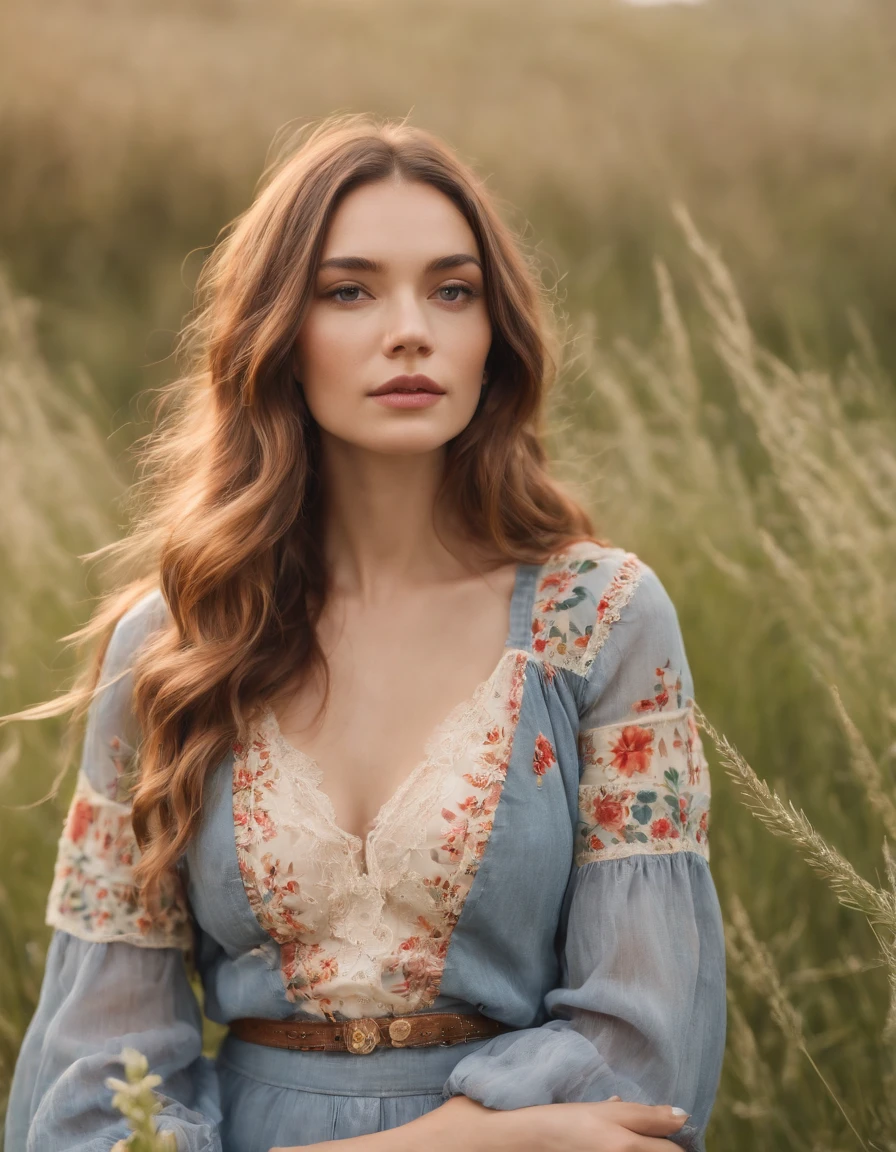 an up close photo of a young woman dressed in bohemian-inspired fashion, wearing a flowy maxi dress with floral prints, layered with a denim jacket and accessorized with a floppy hat and vintage accessories, Her hair is styled in loose waves or natural curls, The setting is a sunlit park or meadow, with long grass and wildflowers, creating a nostalgic and dreamy atmosphere((upper body))
