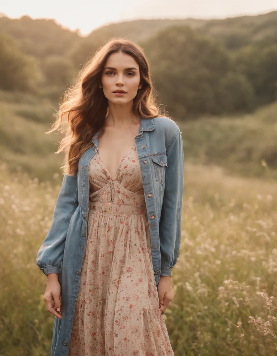 an up close photo of a young woman dressed in bohemian-inspired fashion, wearing a flowy maxi dress with floral prints, layered with a denim jacket and accessorized with a floppy hat and vintage accessories, Her hair is styled in loose waves or natural curls, The setting is a sunlit park or meadow, with long grass and wildflowers, creating a nostalgic and dreamy atmosphere((upper body))
