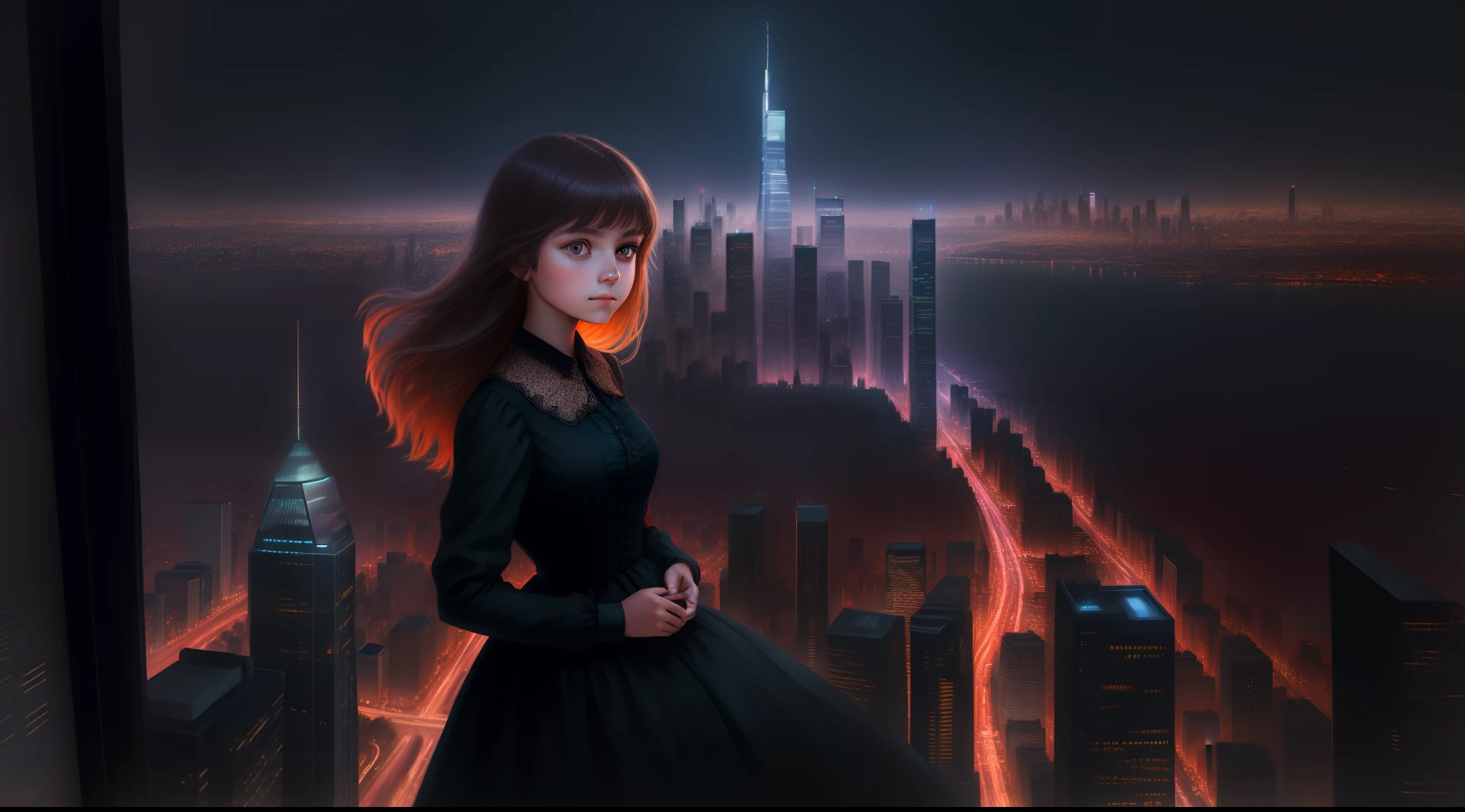 (A girl in a city,newcomer,exploring the city in a beautiful dress,cityscape,skyscrapers,nighttime lights),oil painting,portrait,hazy colors,warm lighting, best quality,highres,ultra-detailed,realistic.