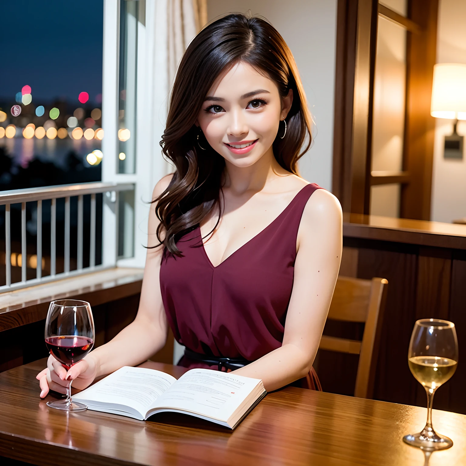 (64K, UHD, top quality, masterpiece: 1.2), (realistic, photorealistic: 1.37), super detailed, pretty woman 1 person, (slim face), (slim body), (brown hair), (short cut), cheeks slightly blushing, (44 years old), 38 years old, solo, beautiful detailed urban night view outside the window, restaurant, wine glasses sit, at night, in a prominent placeNovaFrogStyle, Actress, Model, Waist Up, White Wine, Slim, Wine Glass, Super Clean Night View, Wine Glass Put in the Middle, Happy Smile, (Smile: 1.15), Beautiful Fine Eyes, Upper Body, Bust Japan Up, Night, Short, Short, Actress, Model, Waist Up, White Wine, Slim, Wine Glass, Super Clean Night View, Wine Glass Put in the Middle, Happy Smile,