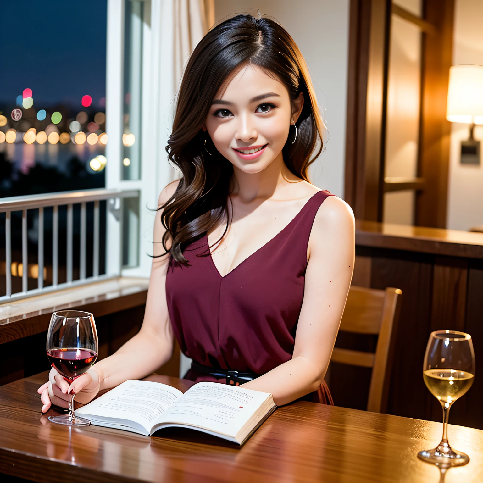 (64K, UHD, top quality, masterpiece: 1.2), (realistic, photorealistic: 1.37), super detailed, pretty woman 1 person, (slim face), (slim body), (brown hair), (short cut), cheeks slightly blushing, (44 years old), 38 years old, solo, beautiful detailed urban night view outside the window, restaurant, wine glasses sit, at night, in a prominent placeNovaFrogStyle, Actress, Model, Waist Up, White Wine, Slim, Wine Glass, Super Clean Night View, Wine Glass Put in the Middle, Happy Smile, (Smile: 1.15), Beautiful Fine Eyes, Upper Body, Bust Japan Up, Night, Short, Short, Actress, Model, Waist Up, White Wine, Slim, Wine Glass, Super Clean Night View, Wine Glass Put in the Middle, Happy Smile,