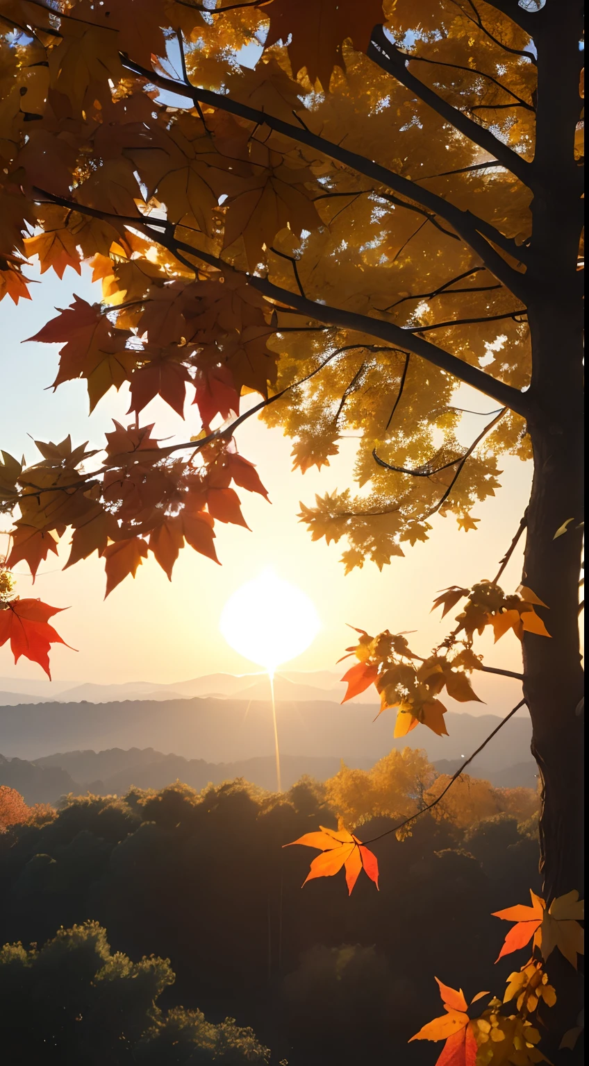Autumn evening,Branches in the sun,Hang sunlight on the leaves,photorealestic,Natural soft light,Hyper-detailing,4K