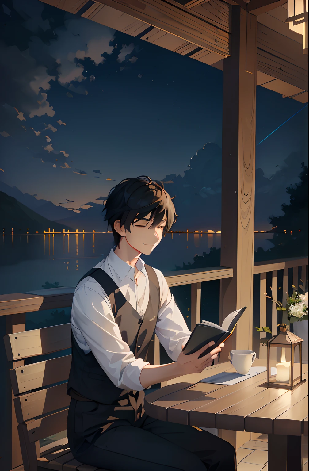 Create an illustration set on the terrace of a lakeside café on a quiet night. Under Soft, The ethereal glow of the café lights, Man sits at table, Drink coffee while obsessed with books. The warm, The nostalgic atmosphere is、Create a dreamy and enchanting atmosphere on the shores of the lake. Sparkling water reflects the starry sky, Add magical quality to your scene. Ambient lighting、Produces an almost surreal quality that calms the surroundings, An ideal place for solitary contemplation. The man's face reflects serenity and satisfaction, Capture a moment of quiet reflection、Escape from the outside world.