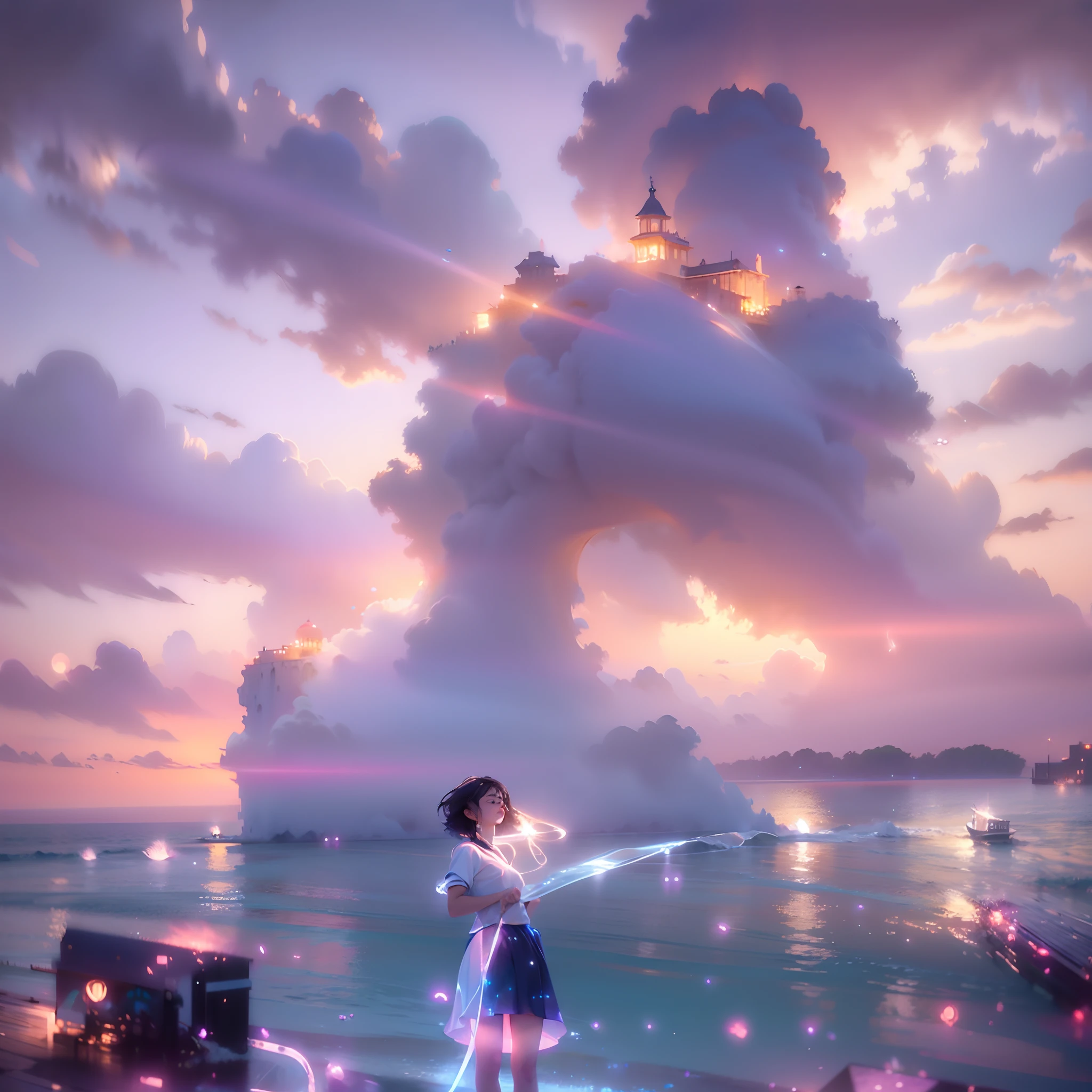 A girl standing on a pier with a hose in the water, in the style of Makoto Shinkai, Cyril Roland, Makoto Shinkai. - H 2160, Makoto Shinkai art style, (Makoto Shinkai), Makoto Shinkai Art Style, detailed cityscape, seamless blending of reality and fantasy, beautiful sunset colors, romantic atmosphere, dynamic cloud formations, shimmering water reflections, glowing city lights, intricate architecture, flowing hair in the wind, soft pastel tones, dreamlike scenery, emotionally captivating, storytelling through visuals, cinematic composition, subtle lens flare, realistic character expressions, delicate water droplets, vibrant color palette.