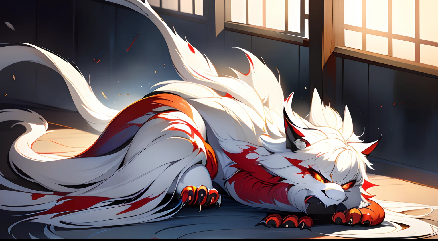 Best quality,Masterpiece,超高分辨率,(Photorealistic:1.4)，Big cat,Fierce，Pounce on the camera,(Dynamic Angle),True blood,Angry,Gape,red - eyed,White fangs,(White hair), red color eyes, (full bodyesbian), (((Claws))), Blood drop,Blood fog, Floating hair，Splashing blood,(blood stain),