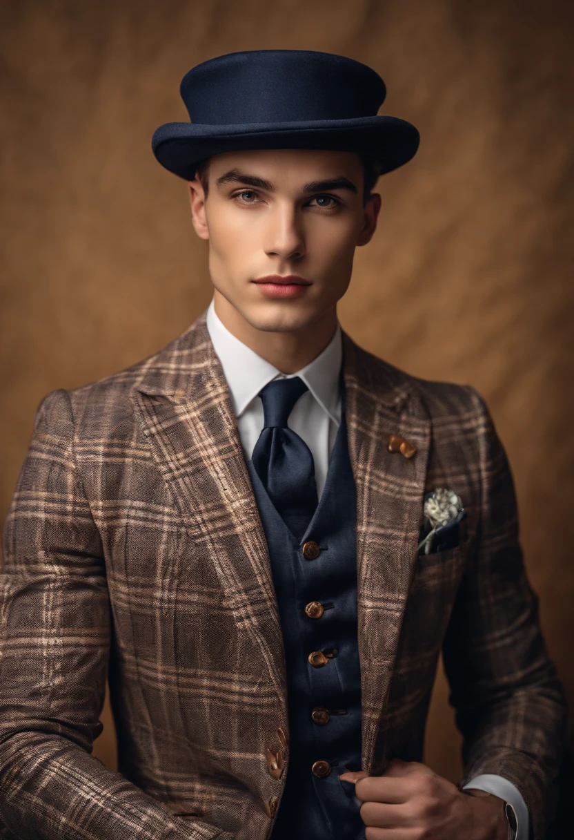 young man in vintage art nouveau style, wearing navy checkered suit, medium close up, white background, high quality photo