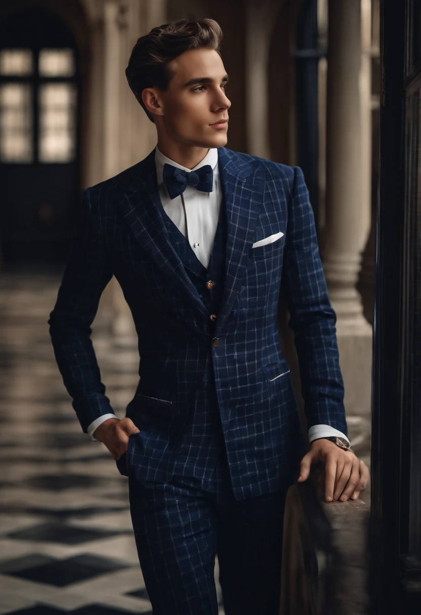 young man in vintage art nouveau style, wearing navy checkered suit, medium close up, white  background, high quality photo